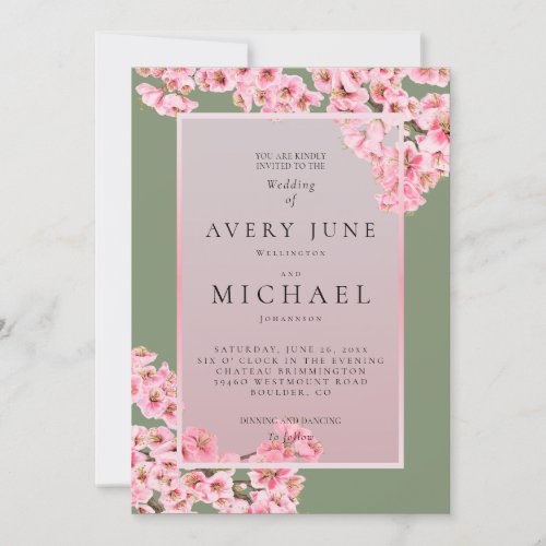 Spring cherry blossoms on sage green invitation