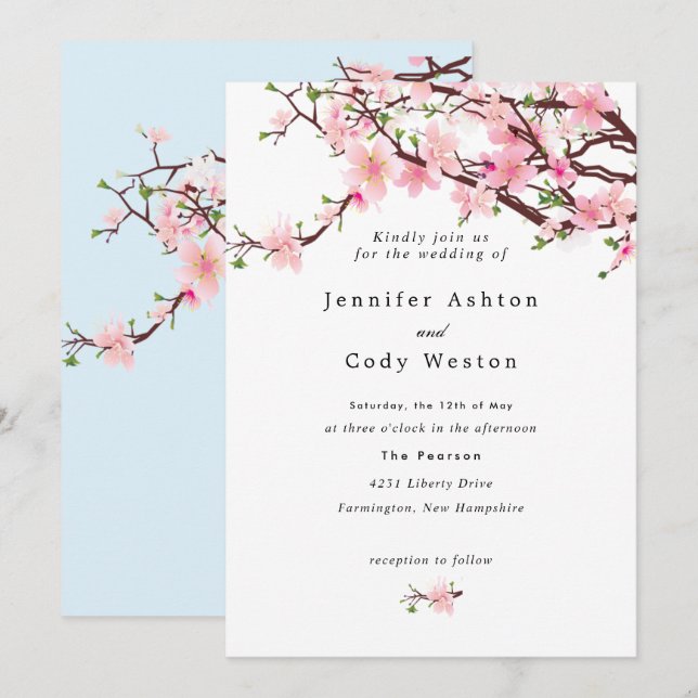 Spring Cherry Blossoms Pale Pink Blue Wedding Invitation (Front/Back)