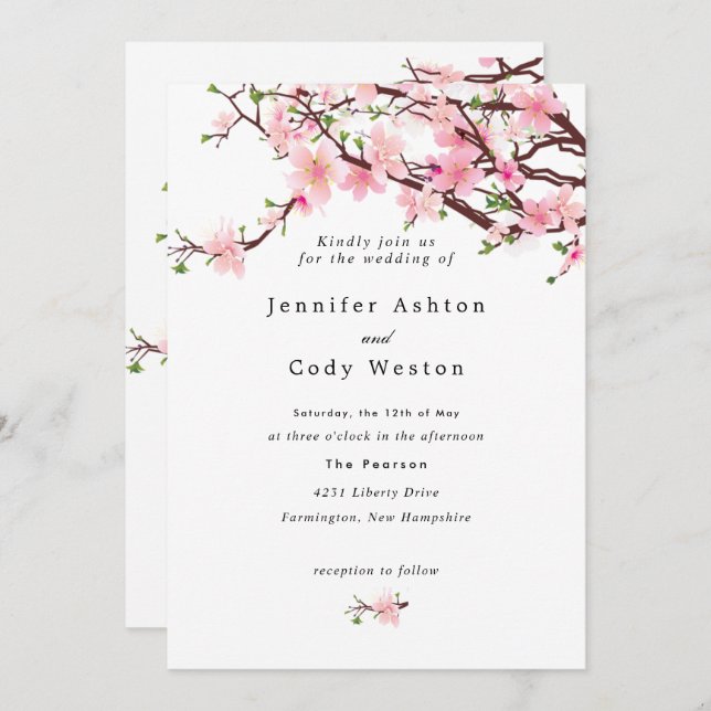Spring Cherry Blossoms Pale Pink White Wedding Invitation (Front/Back)