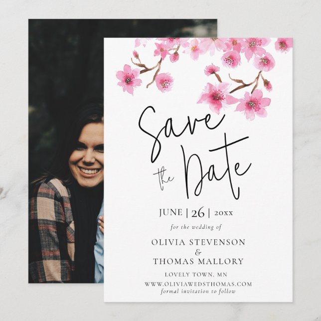 Spring Cherry Blossoms Photo Wedding Save the Date Invitation (Front/Back)