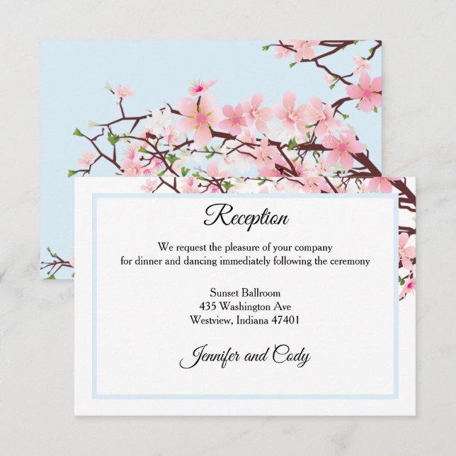 Spring Cherry Blossoms Pink Blue Wedding Reception Enclosure Card (Front/Back)