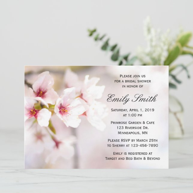 Spring Cherry Blossoms Pink White Bridal Shower Invitation (Standing Front)