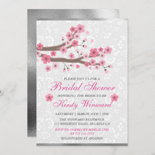 Spring Cherry Blossoms Silver Foil Bridal Shower Invitation