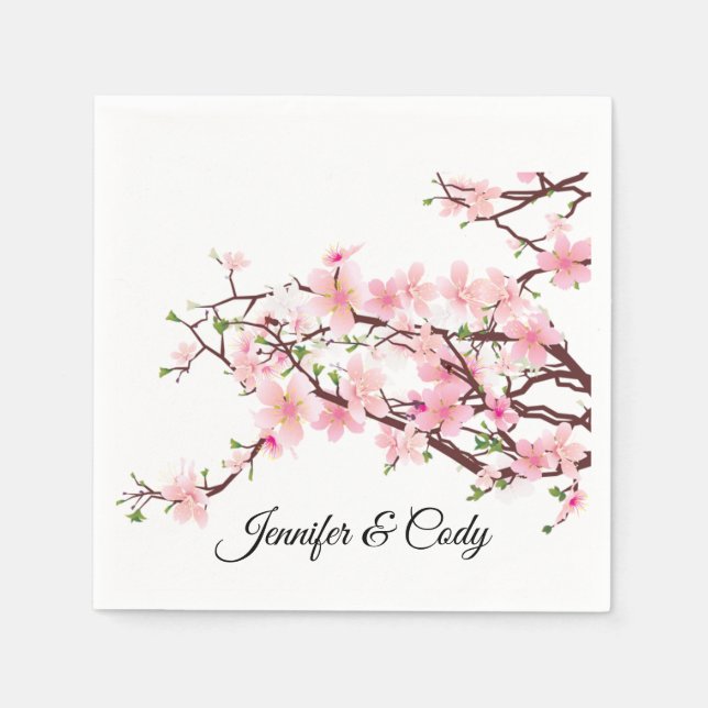 Spring Cherry Blossoms Wedding Add Names Cocktail Napkins (Front)