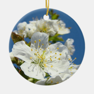 Spring Cherry Blossoms White Blue Sky custom Ceramic Ornament