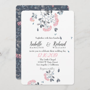 Spring chic grey pink dandelion watercolor wedding invitation