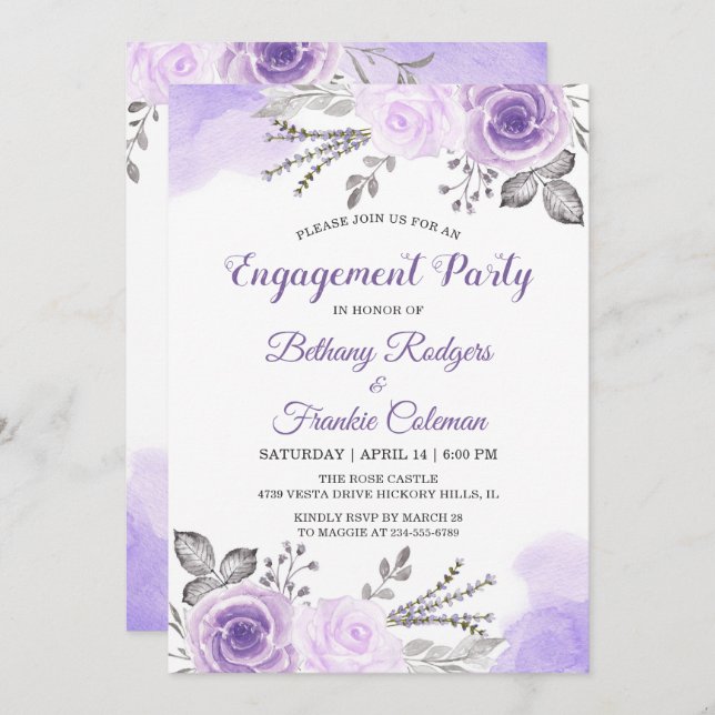 Spring Chic Pastel Purple Flowers Engagement Party Invitation (Front/Back)