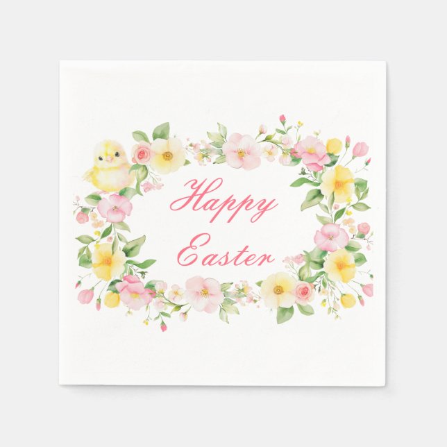 Spring Chick Floral Easter Egg Hunt Party Napkins (Front)