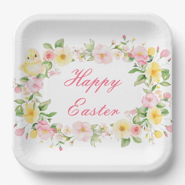 Spring Chick Floral Easter Egg Hunt Party Paper Plates (Front)