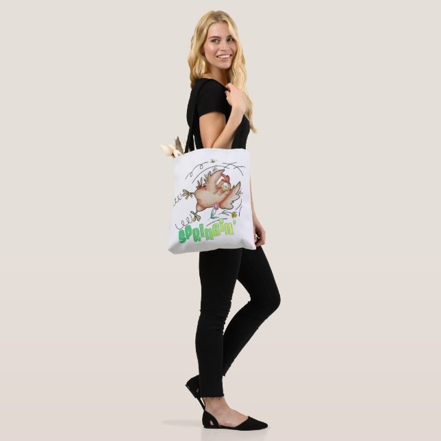 Spring Chicken over the shoulder tote (On Model)