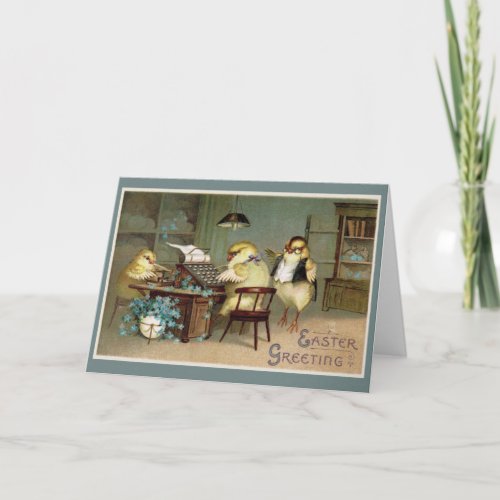 Spring Chicks Doing Taxes on Easter Greeting Card