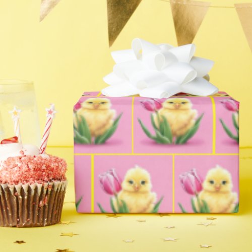 Spring Chicks In Tulips Wrapping Paper