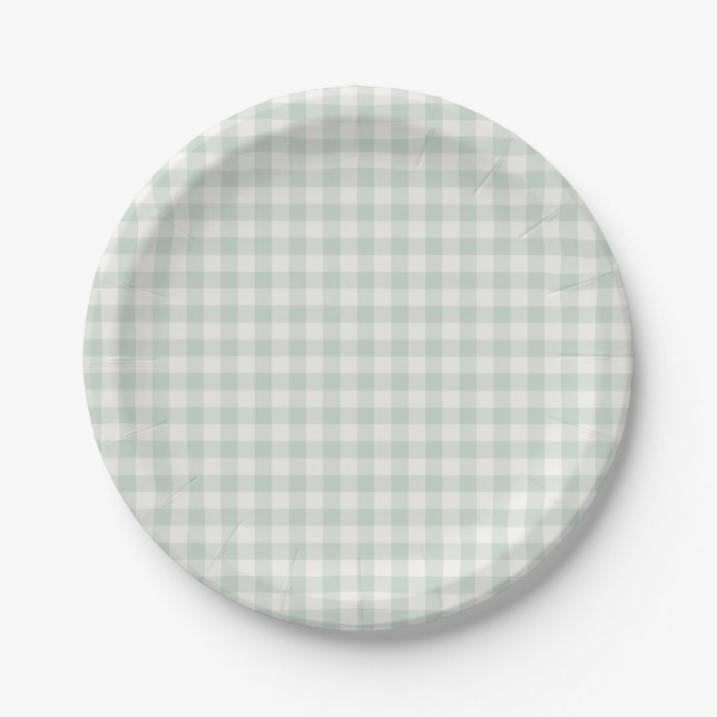 Spring Classic Gingham | Muted Sage Paper Plates (Front)