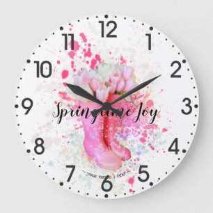 Spring Color Splash Watercolor Pink Boots & Tulips Large Clock