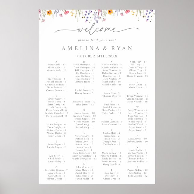 Spring Color Wildflower Alphabetical Seating Chart (Front)