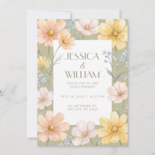 Spring Color Wildflowers Olive Wedding Invitation