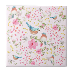Spring Colorful Birds and Flowers Ceramic Tile