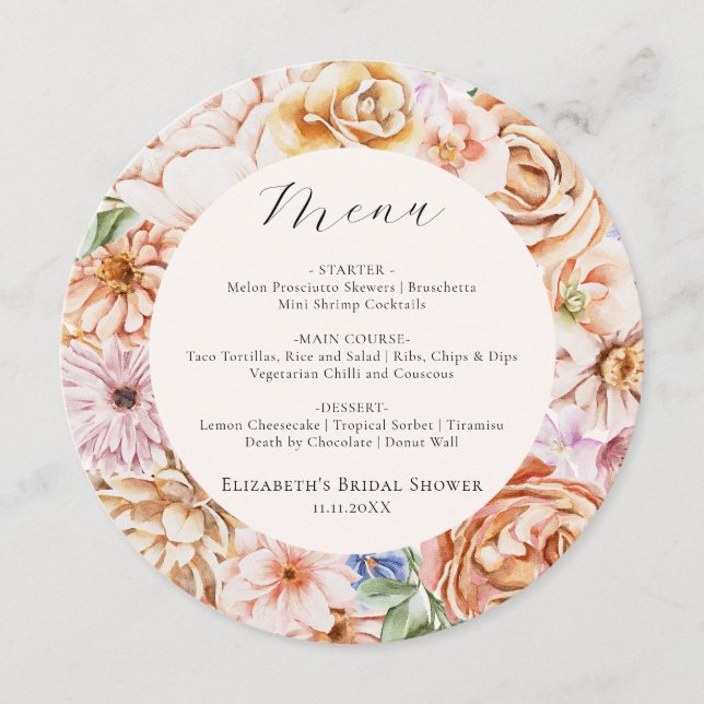 Spring Colorful Flowers Romantic Bridal Shower Men Menu (Front)