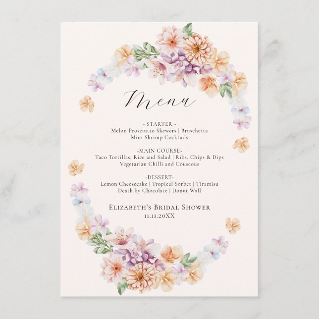 Spring Colorful Flowers Romantic Bridal Shower Men Menu (Front)