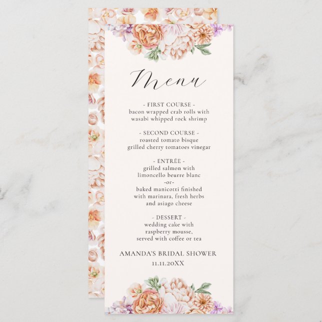 Spring Colorful Flowers Romantic Bridal Shower Menu (Front/Back)