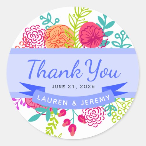 Spring Colorful Vibrant Floral Sketch Bouquet Classic Round Sticker