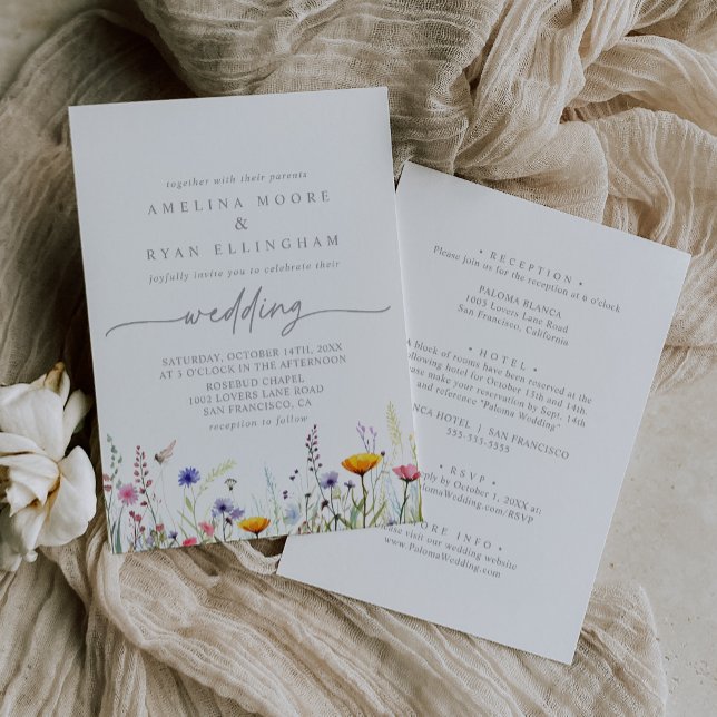 Spring Colorful Wildflower Front & Back Wedding Invitation (Creator Uploaded)
