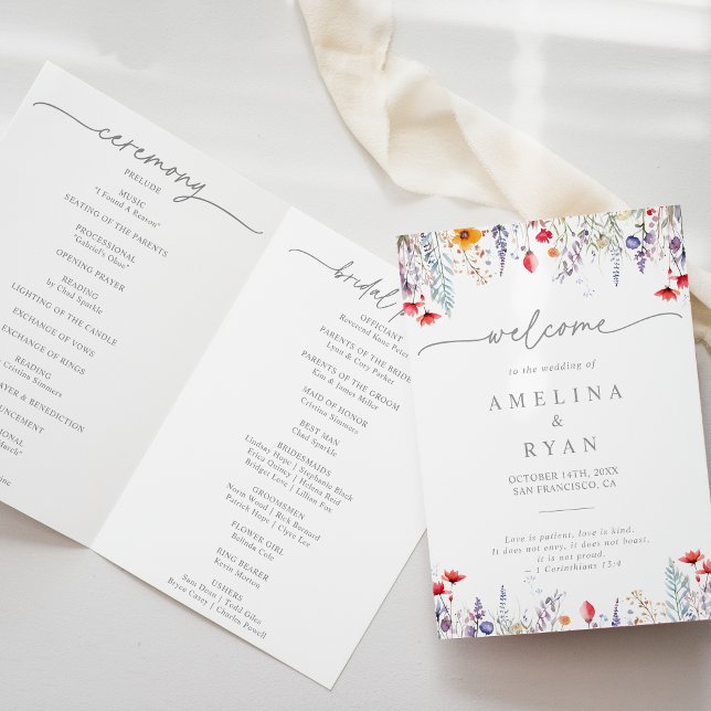 Spring Colorful Wildflower Minimal Folded Wedding Program (Creator Uploaded)
