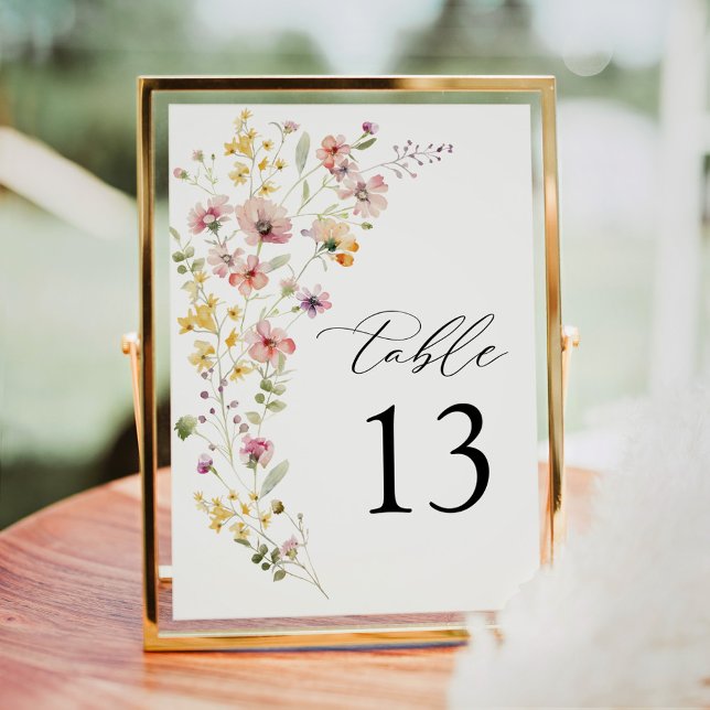 Spring Colorful Wildflower Wedding Table Number (Wildflower meadow wedding table number sign with soft floral illustration and elegant typography)
