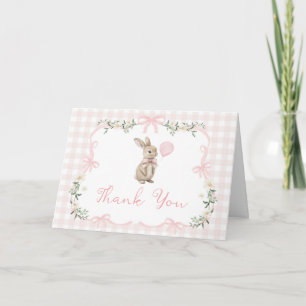Spring Coquette Bunny Pink Gingham 1st Birthday Letterpress Thank You Card