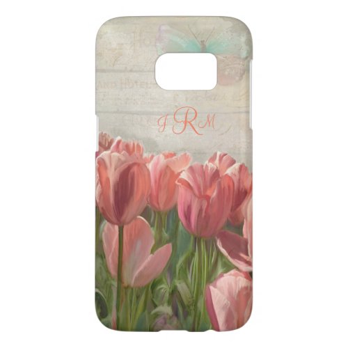 Spring Coral Pink Tulips w Grey Wood Butterfly Art Samsung Galaxy S7 Case