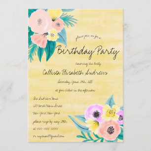 Spring Coral Yellow Floral Watercolor Birthday Invitation
