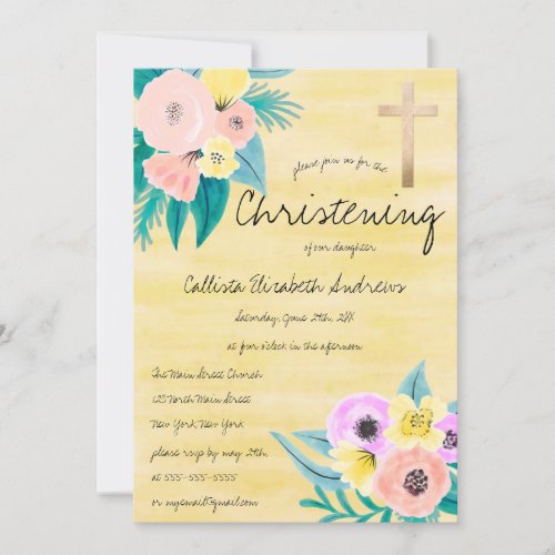 Spring Coral Yellow Floral Watercolor Christening Invitation