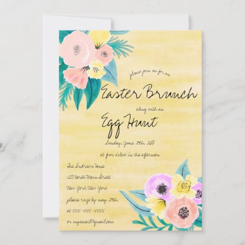 Spring Coral Yellow Floral Watercolor Easter Party Invitation