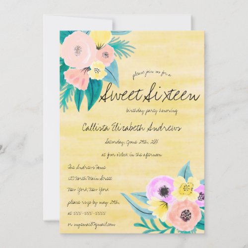 Spring Coral Yellow Floral Watercolor Sweet 16 Invitation