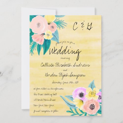 Spring Coral Yellow Floral Watercolor Wedding Invitation