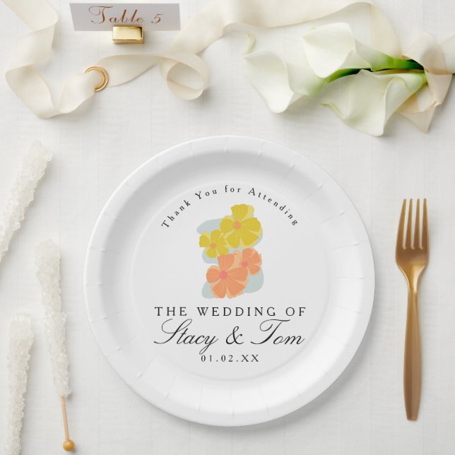 Spring Cosmos Floral Hand Drawn Wedding    Paper Plates (Wedding)