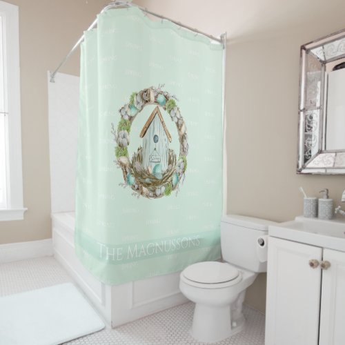 Spring cottage farmhouse inspired teal gray custom shower curtain