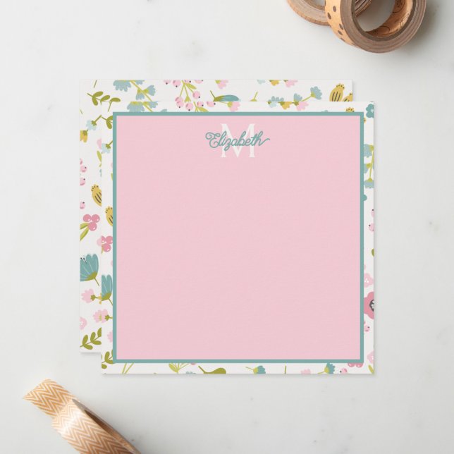 Spring Cottage Flowers Monogram Note Card (Front/Back In Situ)