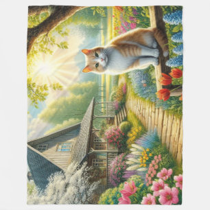Spring cottage/garden & cat fleece blanket