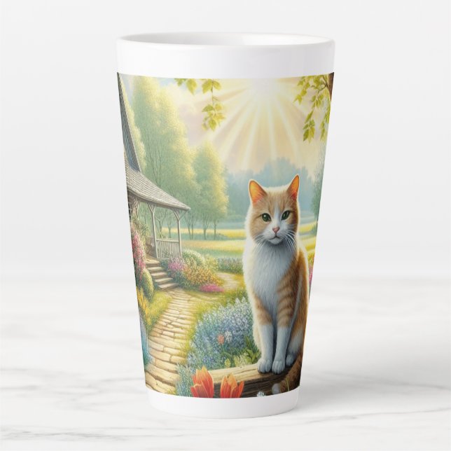 Spring cottage/garden & cat latte mug (Front)