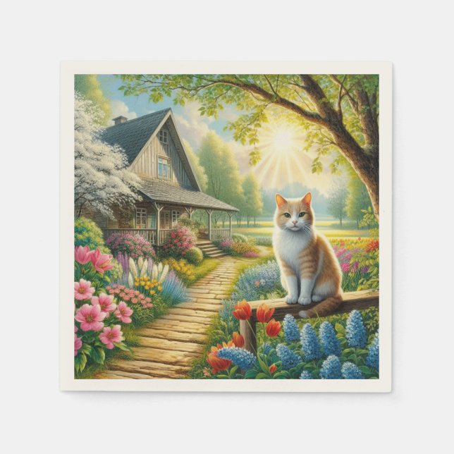 Spring cottage/garden & cat napkins (Front)
