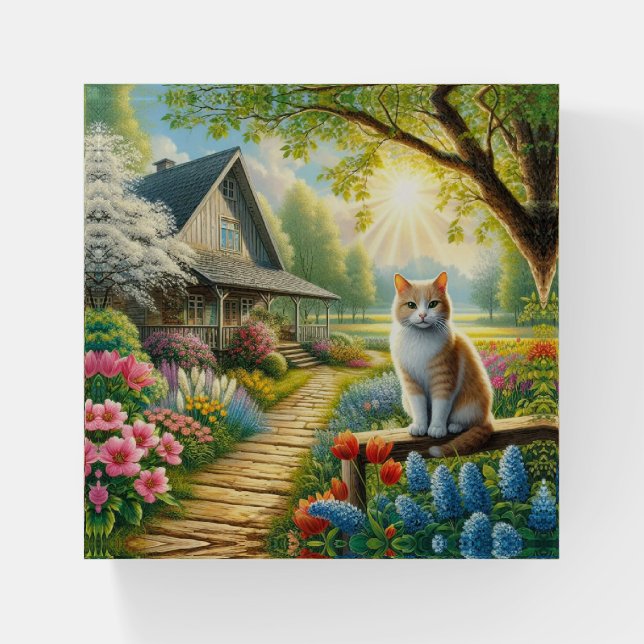 Spring cottage/garden & cat paperweight (Front)