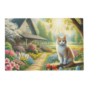 Spring cottage/garden & cat placemat