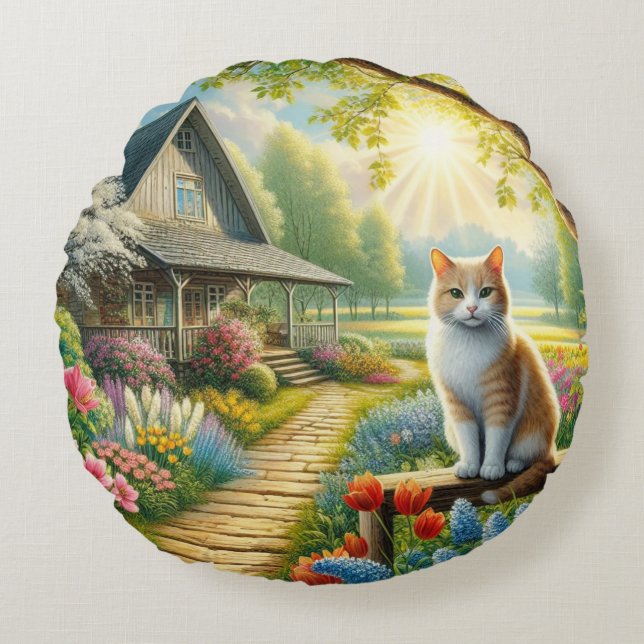 Spring cottage/garden & cat round pillow (Front)