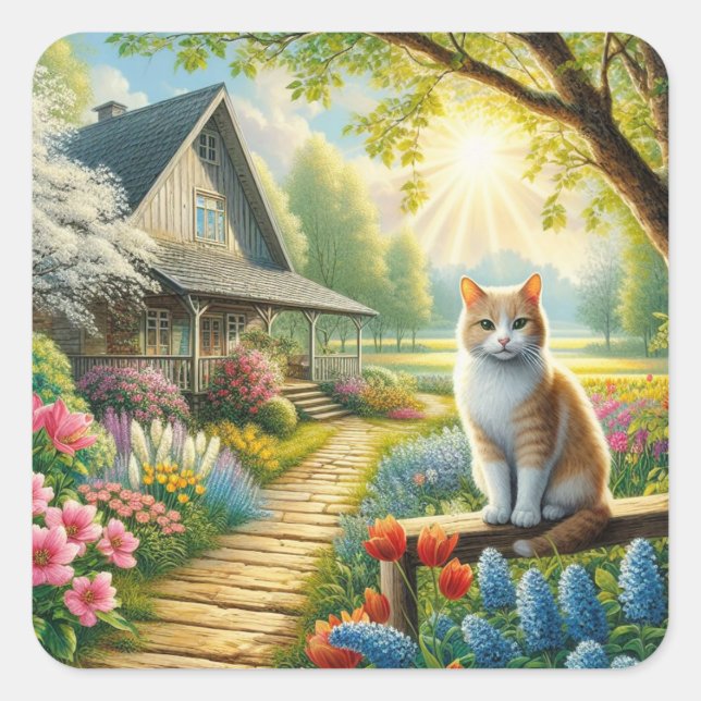Spring cottage/garden & cat square sticker (Front)