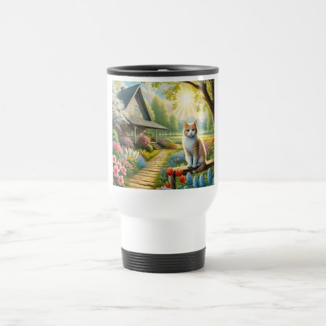 Spring cottage/garden & cat travel mug (Center)