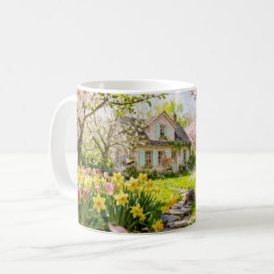 Spring Cottage with Bees, Hedgehog and Blossoming Coffee Mug