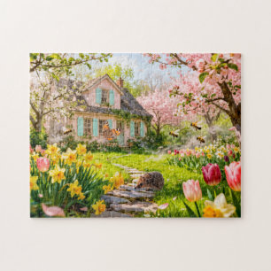 Spring Cottage with Bees, Hedgehog and Blossoming Jigsaw Puzzle