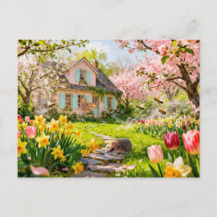 Spring Cottage with Bees, Hedgehog and Blossoming Postcard