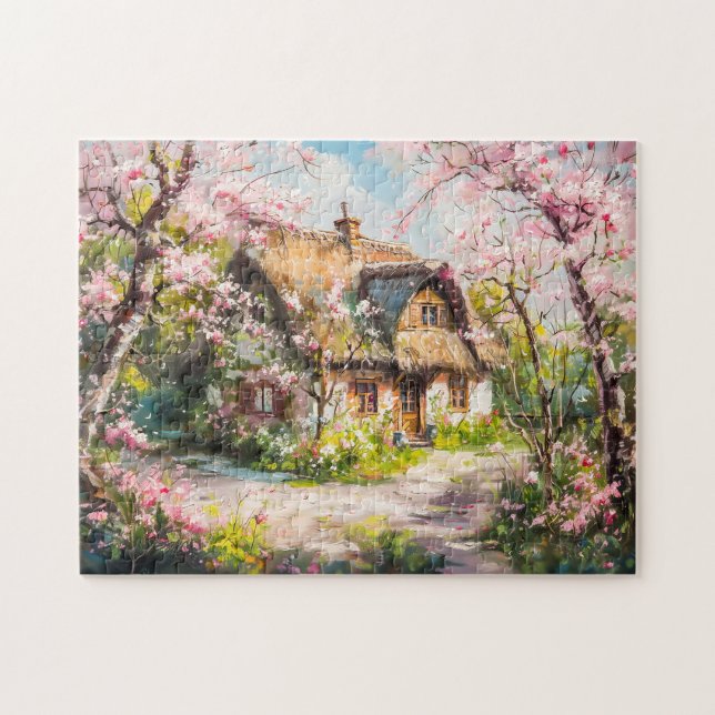 Spring Cottage with Blossoming Fruit Trees Jigsaw Puzzle (Horizontal)